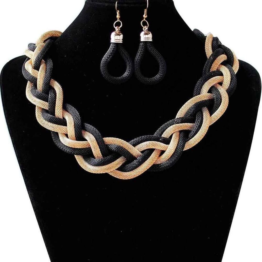Gold Black Statement Necklace, Braided Hollow Cable